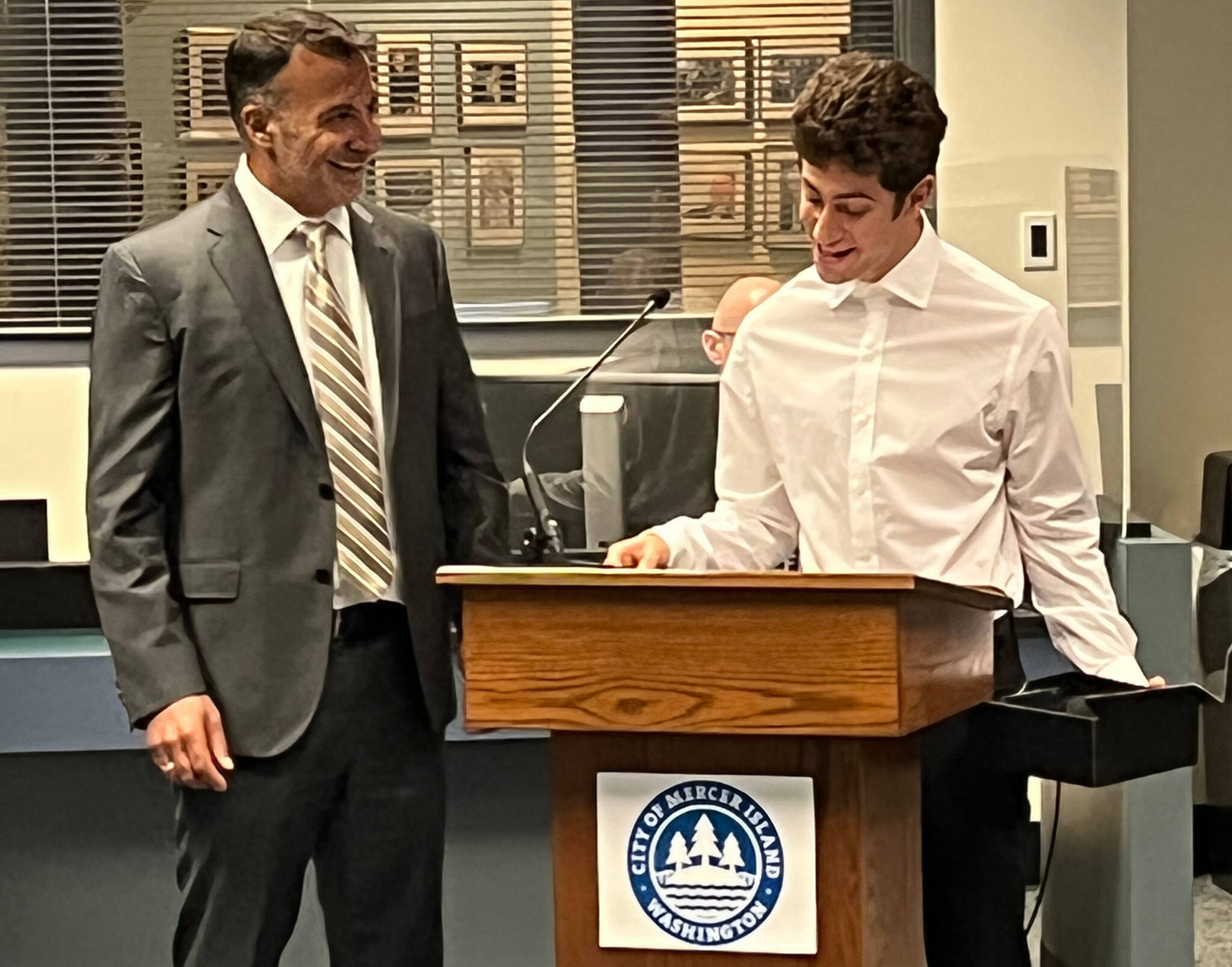 Mayor Salim Nice, left, and Avi Schiffmann share a laugh at the Sept. 6 Mercer Island City Council meeting. Photo courtesy of the city of Mercer Island