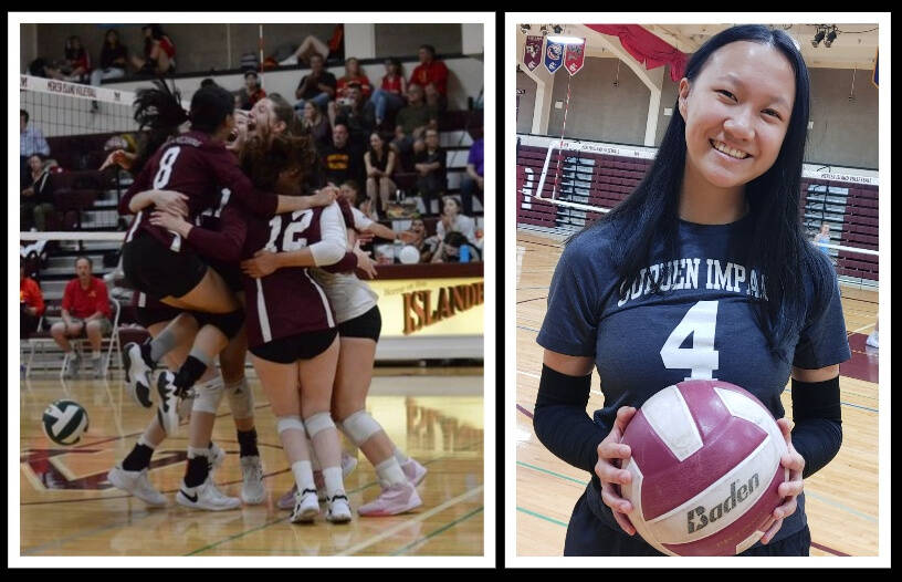 Mercer Island High School senior Olivia Guo celebrates a point with her team, and prepares to hit the court at a recent practice. Courtesy photo and Andy Nystrom/ staff photo