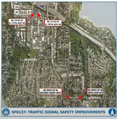 The Mercer Island sites that have been selected for the city’s future traffic signal safety improvement project are: Southeast 27th Street at 77th and 78th avenues southeast and Southeast 40th Street at Island Crest Way and 86th Avenue Southeast. Courtesy of the city of Mercer Island
