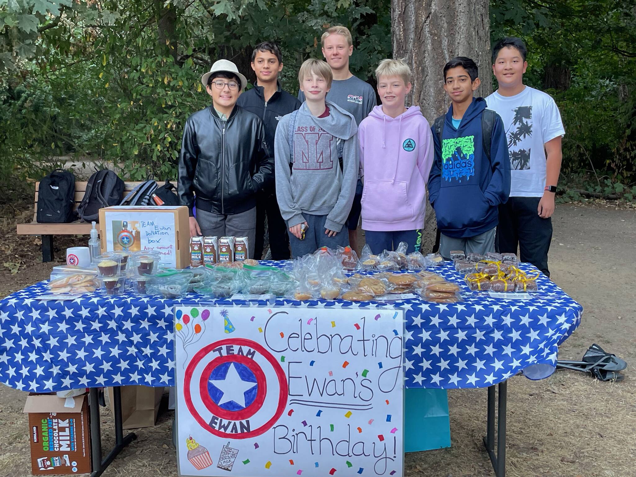 Courtesy photo
Islander Middle School eighth-graders who held a birthday celebration for Ewan Lill are, first row, from left to right: Jibran Jawed, Matthew Duffié, Dan Cartwright and Rohan Paradekar, and second row from left to right: Vox Usman, Alex Jack and Ryunokuki Masuda.