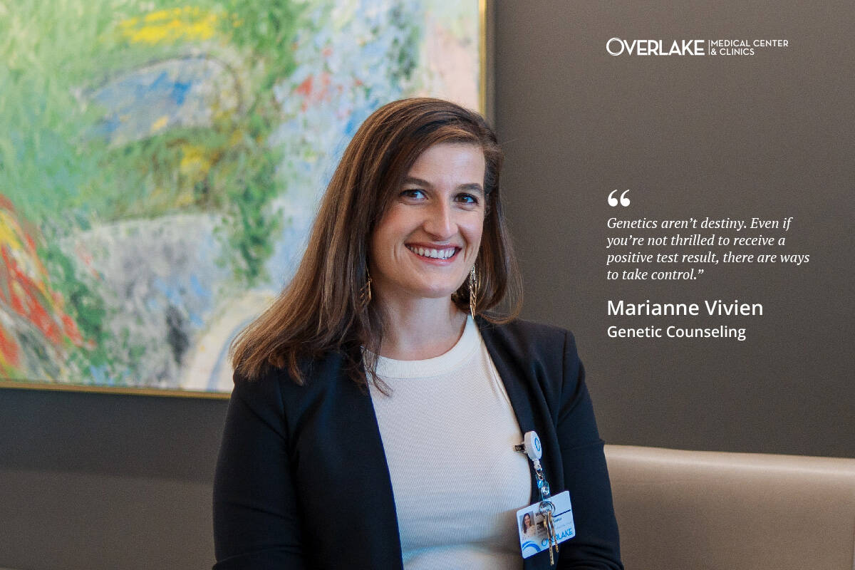 Marianne Vivien, MS, LCGC, genetics counselor at Overlake Medical Center and Clinics. Genetics counseling can help patients take a proactive approach to cancer screening, as well as cardiogenetics and pre-conception/prenatal genetics.
