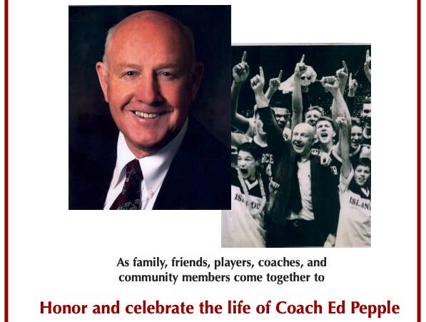 An estimated 300 people gathered to celebrate the life and career of legendary Mercer Island High School boys basketball head coach Ed Pepple on Oct. 1 in the school gymnasium. Pepple passed away from cancer at the age of 88 on Sept. 14, 2020. Attendees at the emotional event — which featured a host of speakers, video recordings and a traditional “blackout” segment to honor Pepple with the lights turned out — included family members, players, coaches, administrators and fans spanning Pepple’s entire 42-year Islander coaching career. Organizers handed out “attitude” pins to people at the door, something Pepple gave to his teams during their preseason retreats to emphasize that “attitude is everything.” A reception followed at the Island VFW hall and featured copious stories and fond memories exchanged across generations with Pepple family memorabilia on display. Courtesy photos from the event program