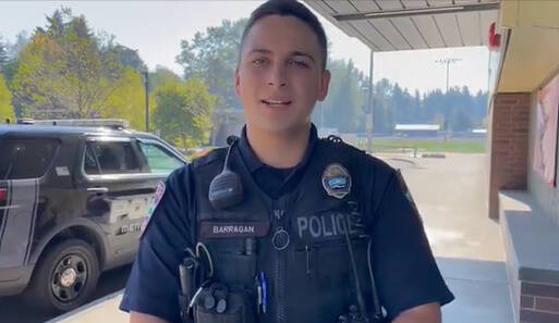 Mercer Island Police Department’s new school resource officer Foster Barragan. Screen shot from Mercer Island School District video