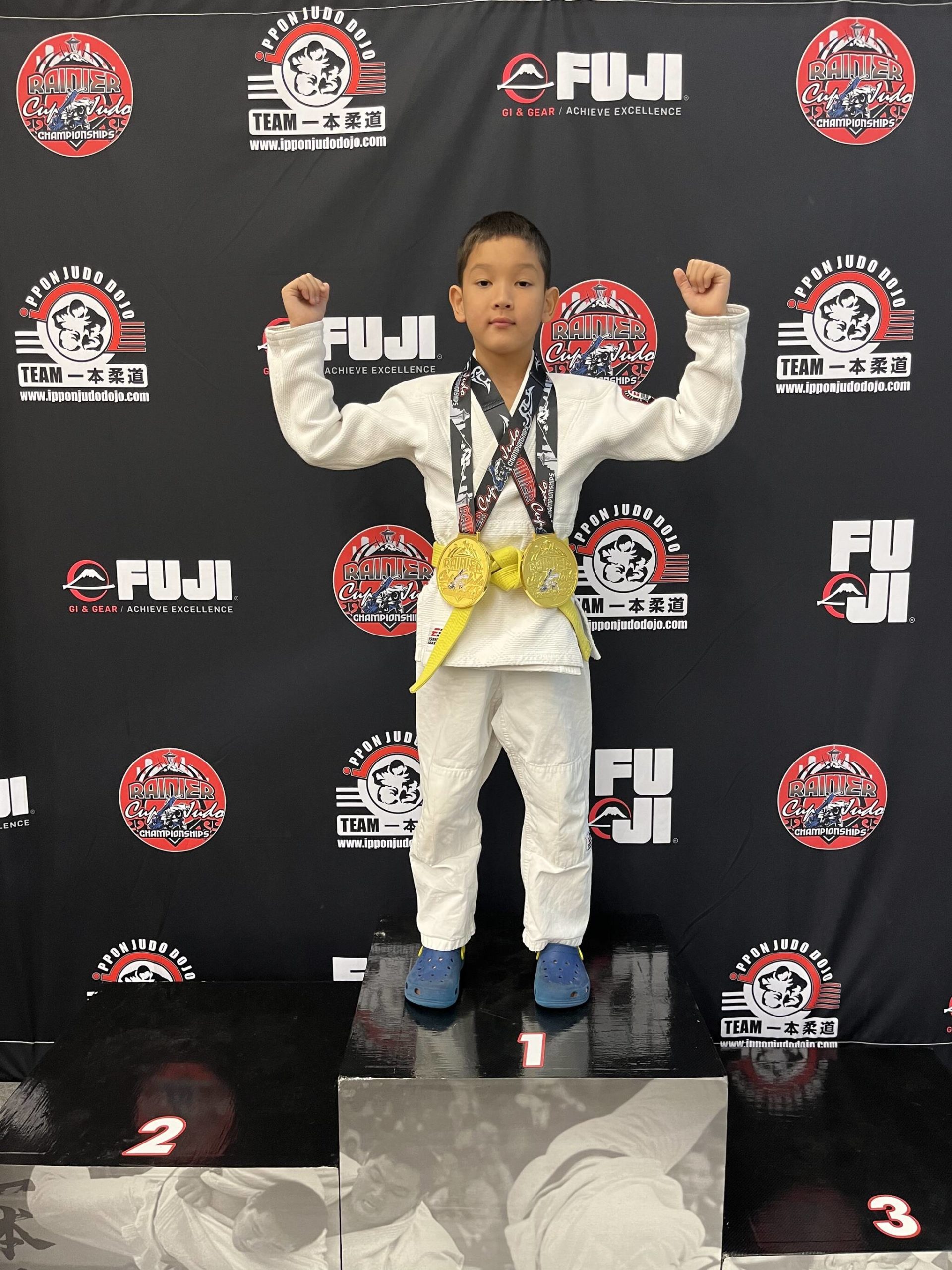 Mikhail Zulaev, a second-grader at Northwood Elementary School, won a pair of gold medals in the boys age 7-8 division in the up to 60 and 70 weight categories at the 2022 Rainier Cup Judo Championships international tournament on Oct. 15 at Pierce College (Fort Steilacoom Campus) in Lakewood. Courtesy photo