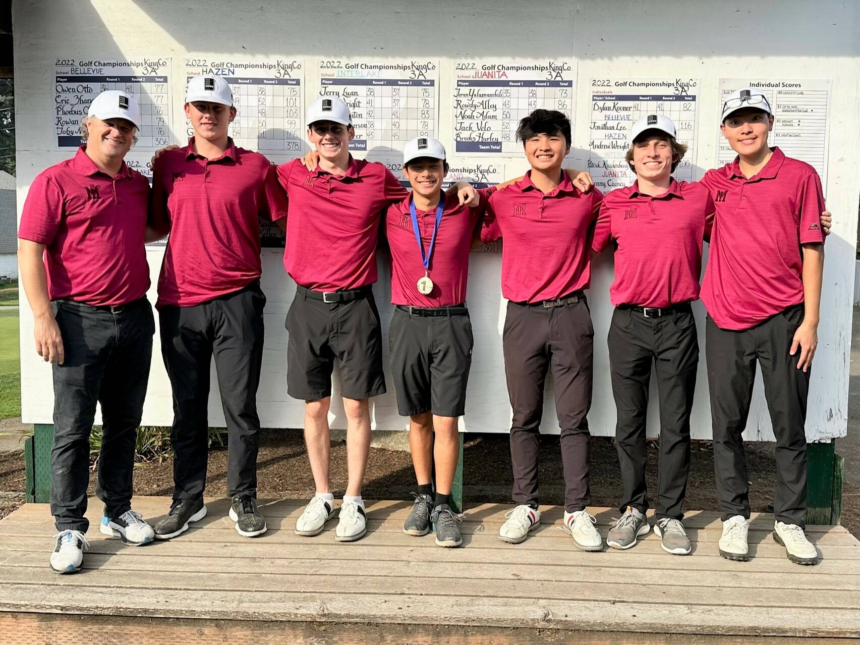 From left, Mercer Island High School boys golf head coach Tyson Peters, Evan Otte, Spencer Smith, Wonjoon Seo, Elliott Hoang, Brian Murdoch and Wooje Chung. Photo courtesy of Kym Otte