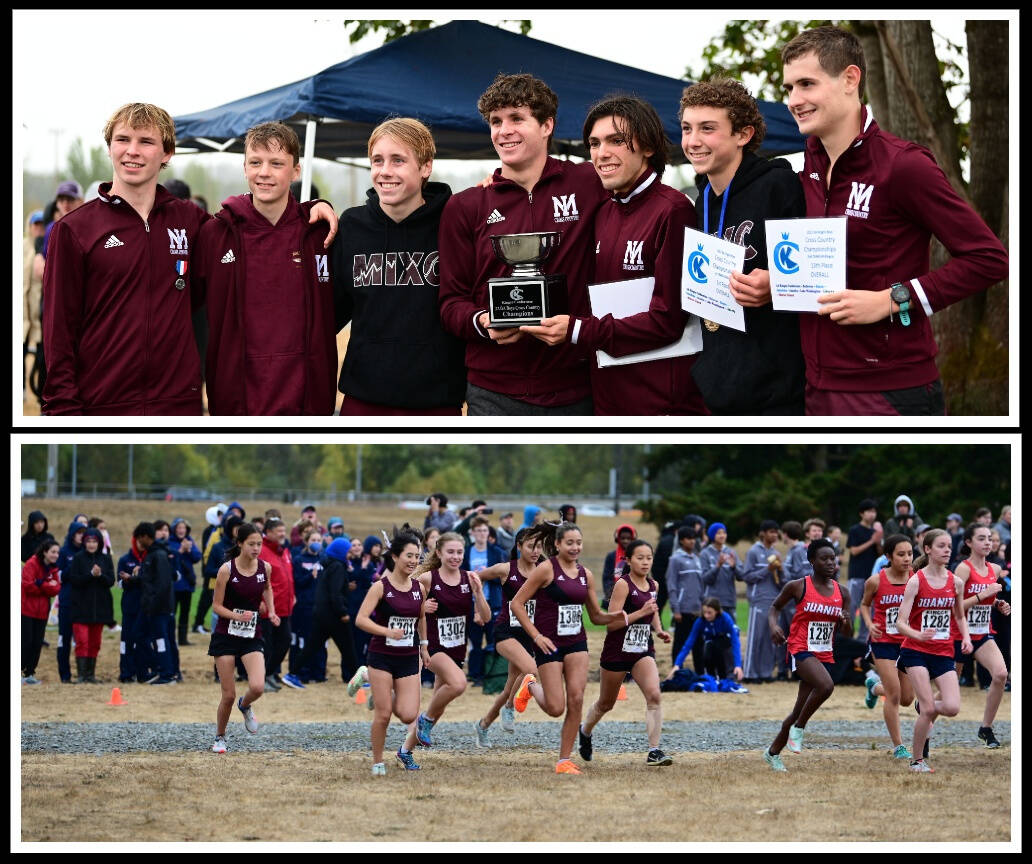 Top photo, from left to right: Mercer Island High School (MIHS) boys cross country members Clark Koopman, Silas Rennie, Matthew Lawrence, Brooks Enge, Carson Schiller, Owen Powell and Lars Eide. Bottom photo, MIHS girls cross country runners Ava Zhang, Sophia Loop, Mia Kinney, Elena Lill, Alexane Dumont, Sabrina Chun and Sophia Sung. Photos courtesy of Aaron Koopman