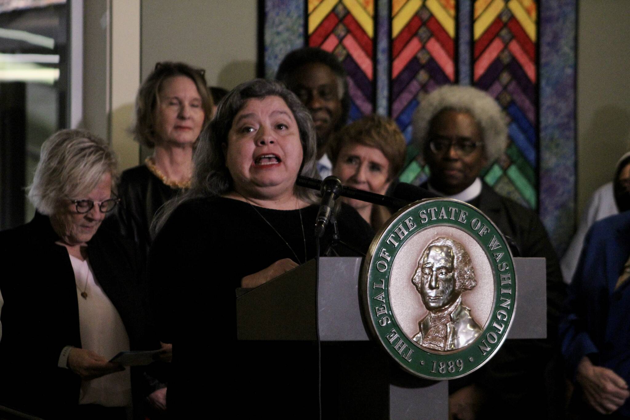 Mercedes Sanchez of Cedar River Clinics, which provide abortions and reproductive health care, speaks at in Federal Way on Oct. 28. Olivia Sullivan/the Mirror