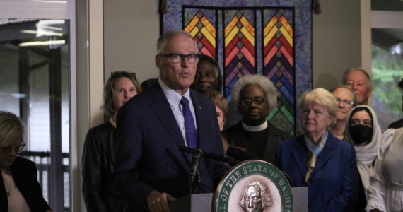 Gov. Jay Inslee speaks about protecting Washingtonians’ rights to abortion and gender-affirming care at Wayside United Church of Christ in Federal Way on Oct. 28 Olivia Sullivan/the Mirror