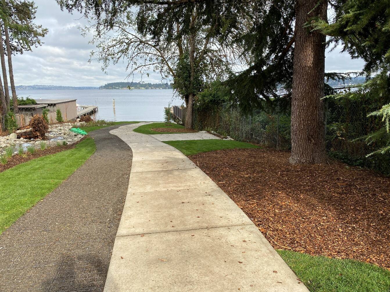 Mercer Island’s Lincoln Landing shoreline has reopened for use and features an improved pedestrian path that makes it easier and more accessible to reach the shoreline through an ADA-compliant design. For the last five months, the city contractor’s tasks have been reconstructing a deeply eroded creek bed, building a vehicle access route for utility maintenance, restoring the stormwater channel to provide for better aquatic habitat and protection against erosion and excess silt and more. The full job is expected to be finished in December. Photo courtesy of the city of Mercer Island