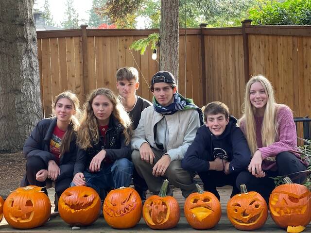 Pumpkin carving, from left to right, with Tiphenn Dumont, Alexane Dumont; French exchange students Eloi de Longchamp and Victor Massicot; Will Baxter and Kate Baxter. Courtesy photo