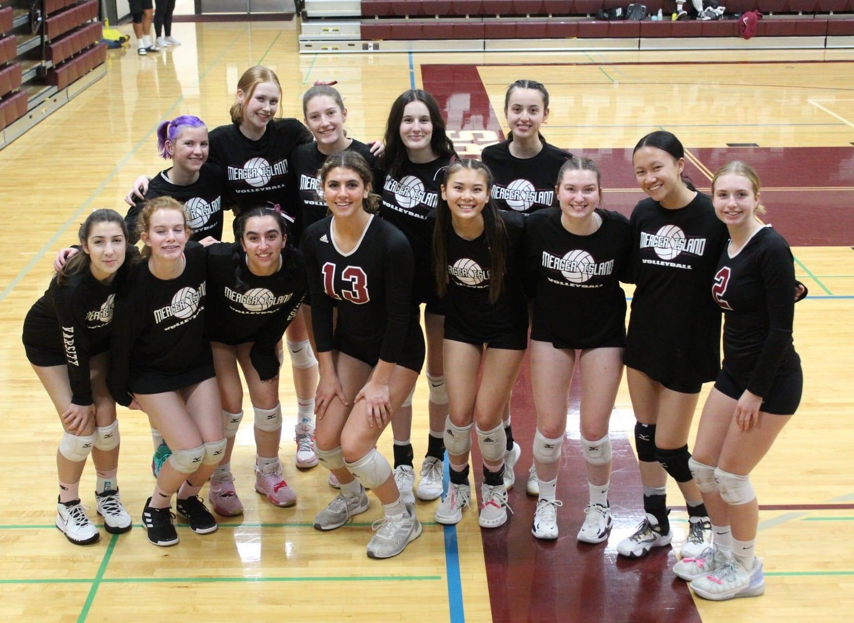 Mercer Island High School’s varsity volleyball team: Back row, left to right: Annabelle Hopkins, Logan Remington, Nora Prophater, Sam Silke and Yui Halvorson; Bottom row, left to right: Taylor Swendrowski, Mia Vorkoper, Aditi Mannby, Leila Obeidat (captain), Melena Wong, Sophia Prock (captain), Olivia Guo (captain) and Lainie Wion. Photo courtesy of Amy Hopkins