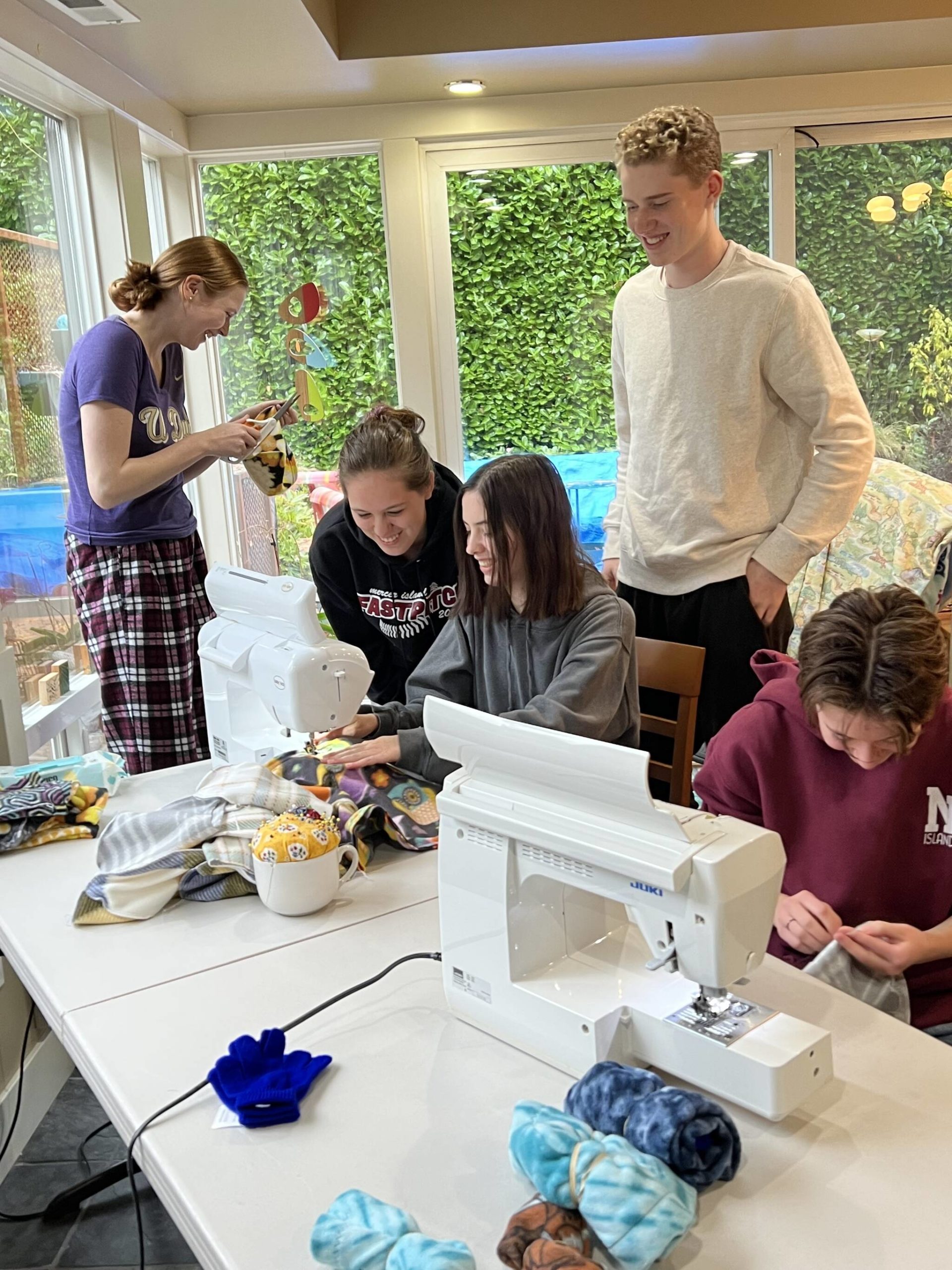 Mercer Island hat sewers, from left to right, Logan Remington, Katherine Montpellier, Christine O’Donnell, Max Murphy and Gi Gi Lee. Not pictured, Addie Bergmann and Mia Vorkoper. Photo courtesy of Dina Deitz