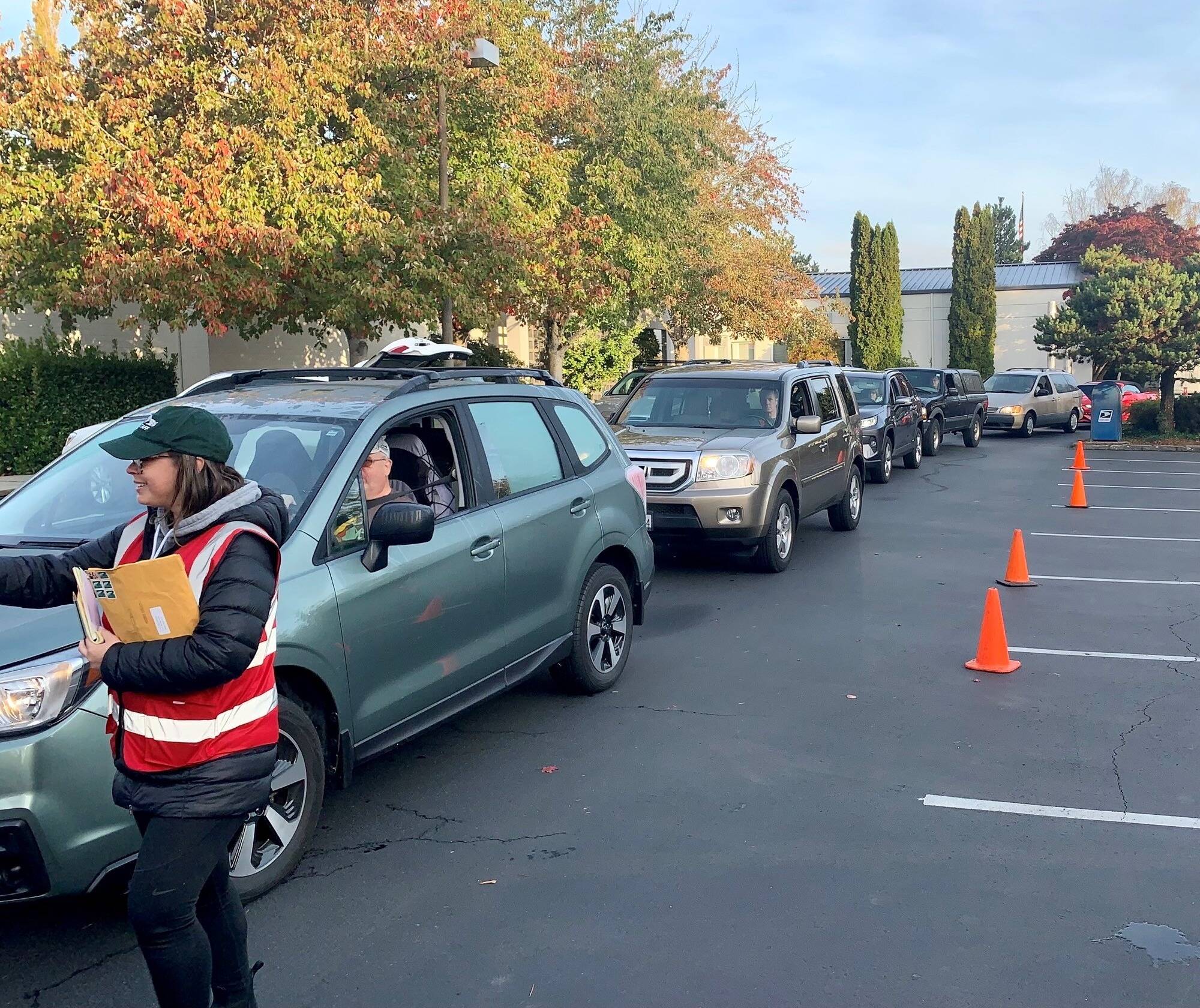 Vehicles line up at the city’s annual fall recycling collection event on Oct. 29 in the city hall parking lot. Photo courtesy of the city of Mercer Island