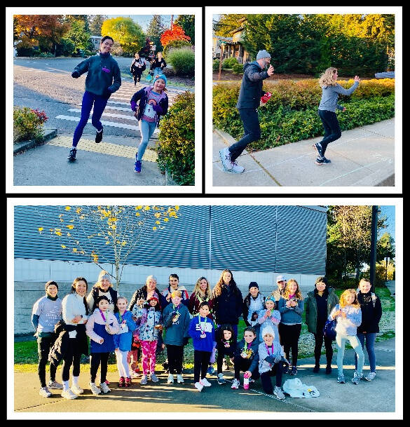 Girls on the Run: Top left, Ari Nguyen runs with Elsie Roeter at the 5K on Nov. 15 at Northwood Elementary; Top right, Bryan Goode joins his daughter, Sophia Goode, at the event; Bottom, a group shot of the Girls on the Run crew. Courtesy photos