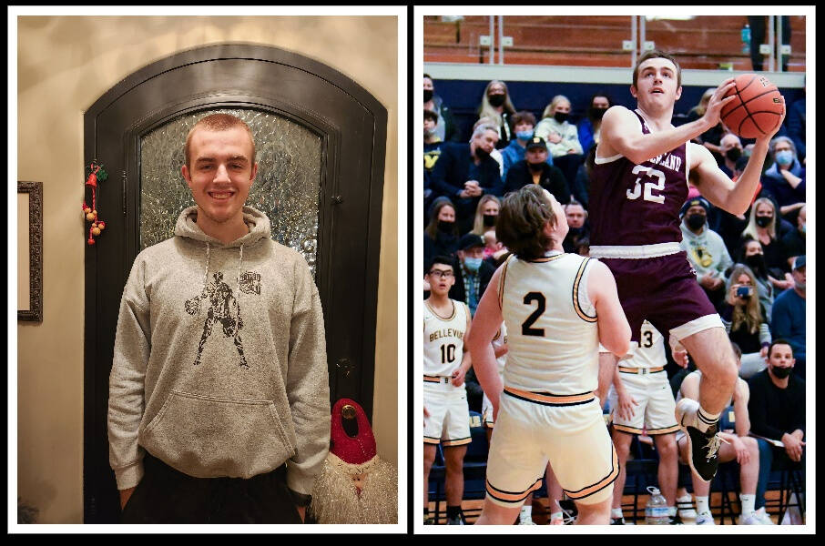 Mercer Island High School boys basketball senior captain Jackson Bredy. Left photo: Suzanne Bredy; action photo: Stephanie Ault Justus.