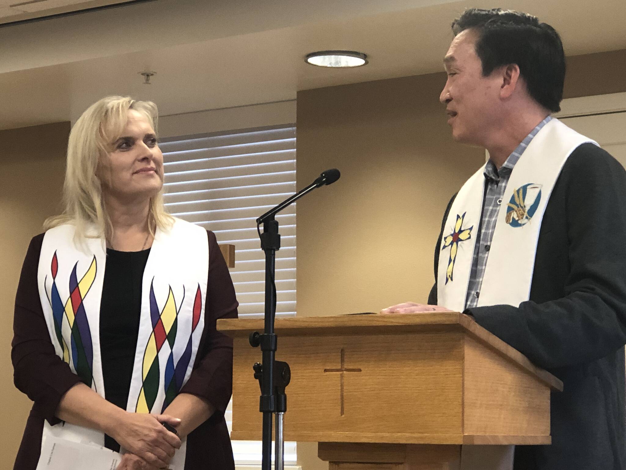 Mercer Island’s Covenant Living at the Shores recently held an installation ceremony for the senior living community’s new associate chaplain. Rev. Lisa Eastman (left) joined the community three months ago to help in serving residents and employees. Eastman was recently installed as the new associate chaplain by Greg Yee (right), superintendent of the Pacific Northwest Conference of the Evangelical Covenant Church. Eastman most recently served as chaplain at Providence Regional Medical Center in Everett. She holds a master of divinity from North Park Theological Seminary in Chicago, Illinois. Courtesy photo