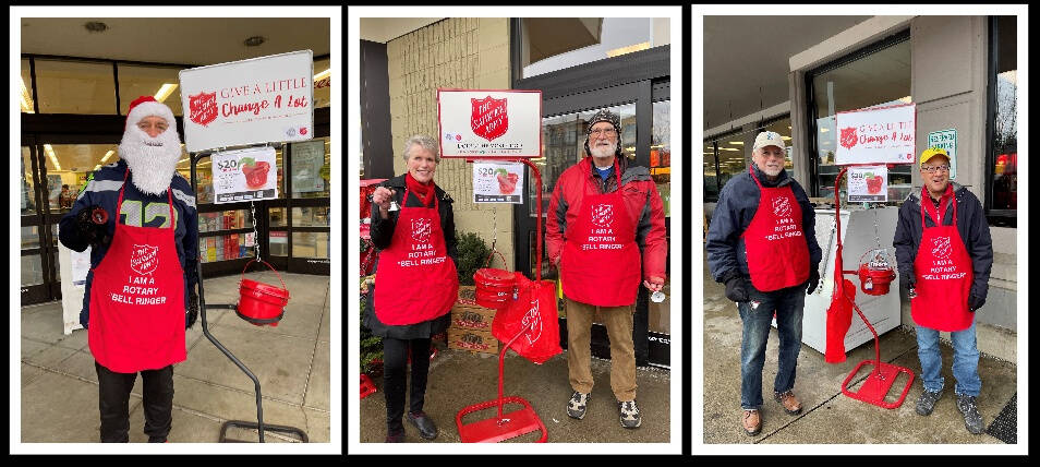 Rotary Club of Mercer Island members, from left, Greg Asimakoupoulos, Petra Walker and John Howe, and Michael Finn and Benson Wong get in some holiday bell-ringing on Dec. 10 at Island QFCs and Walgreens for The Salvation Army “Red Kettle” fundraiser. Activities will continue from 10 a.m. to 5:30 p.m. Dec. 17 at both Island QFCs and Walgreens. Courtesy photos