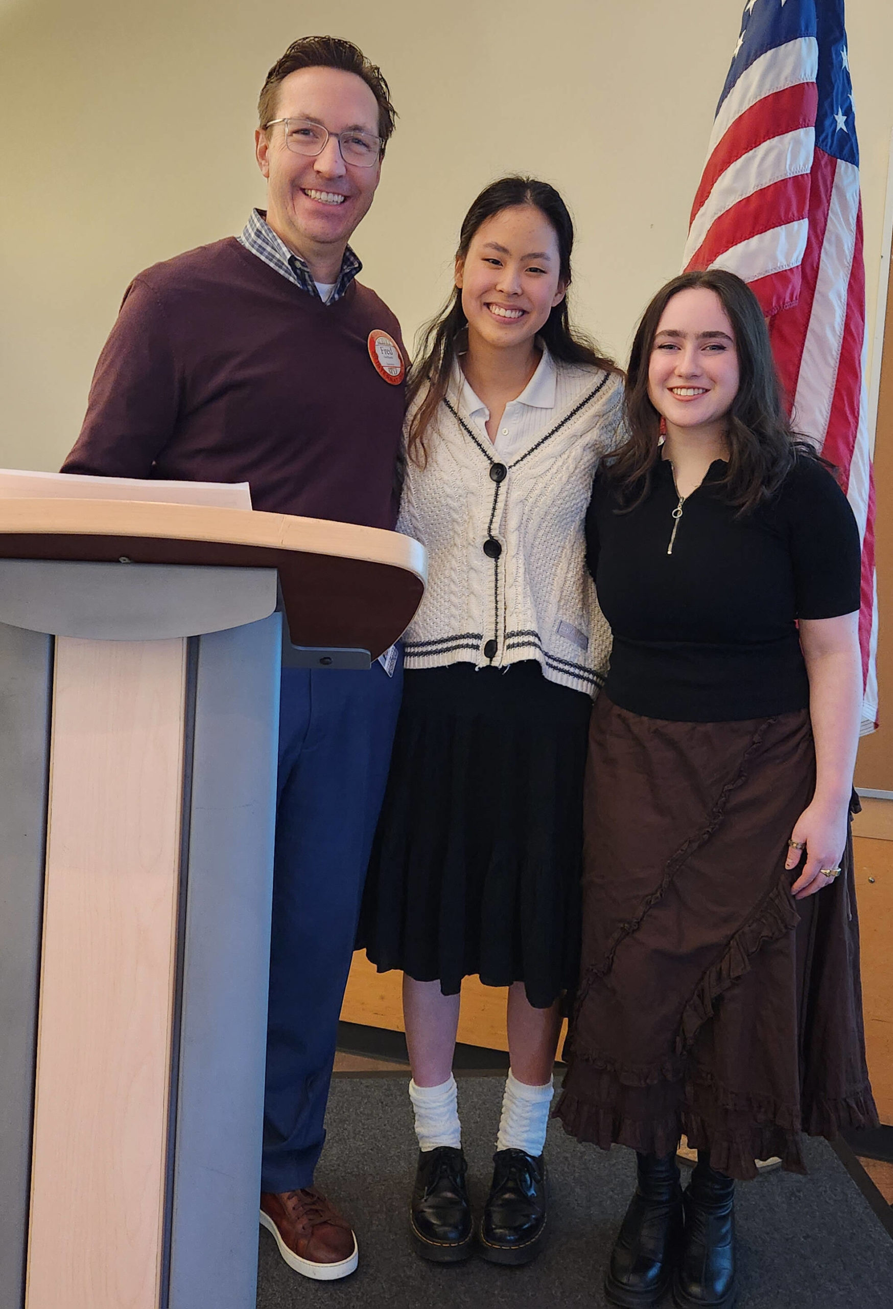 Mercer Island School District Superintendent Fred Rundle, Sophia Chew and Samara Bluming. Photo courtesy of Debbi Gillotti