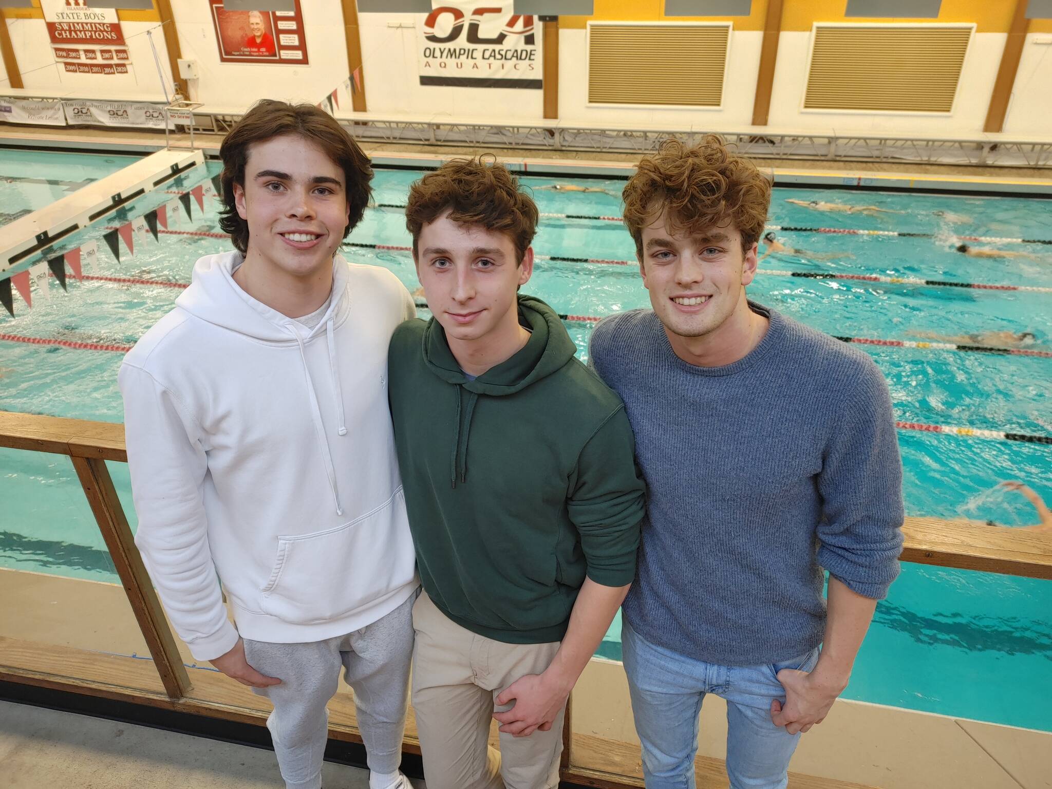 Mercer Island High School senior boys swim and dive team captains, from left to right, Coy Hounsell, Nolan Knievel and Emmett Ralston. Andy Nystrom / staff photo