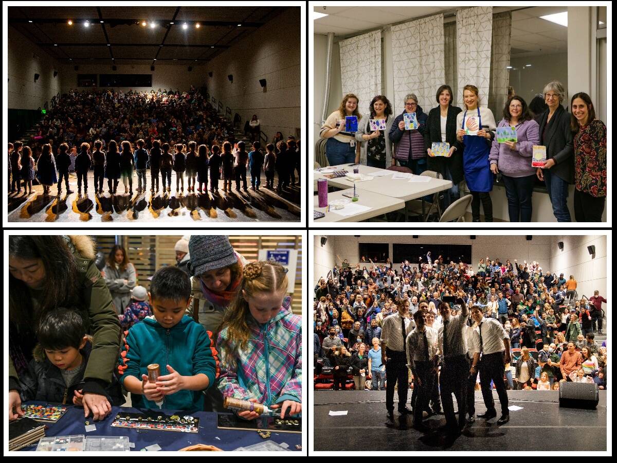 Clockwise from upper left, recent Stroum Jewish Community Center (SJCC) Hanukkah events included: SJCC preschoolers from the SJCC’s Early Childhood School performed Hanukkah songs before the Maccabeats concert on Dec. 4 (Photo by Justin Bradford); Rabbi Laura Rumpf (fourth from the right) from the Jewish Studio Project led artists through a Hanukkah art workshop inspired by the theme of “light” on Dec. 7 (Photo by Sara Schweid); The Maccabeats played three sold-out Hanukkah shows at the SJCC on Dec. 4 (Photo by Justin Bradford); Kids made their own menorahs at the SJCC’s Hands on Hanukkah pop-up at Bellevue Botanical Garden D’Lights on Dec. 17 (Photo by John Shaffer).