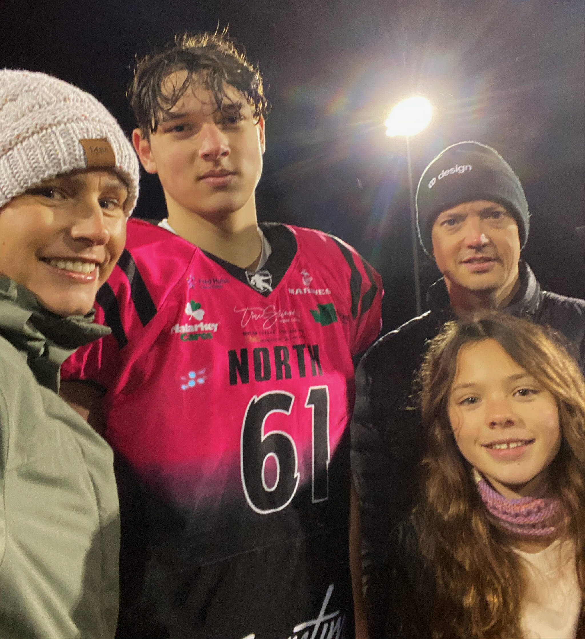 The Powell family, from left to right, Cynthia, Brycen, Brian and Caydence at the Cleats vs. Cancer charity football game on Jan. 16 at Pop Keeney Stadium in Bothell. Courtesy photo