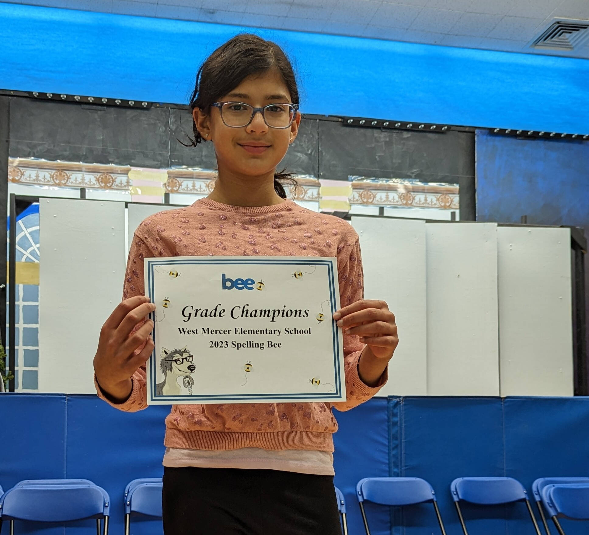 West Mercer Elementary fifth-grader Neeva Mody won the school’s spelling bee with the victorious word “splendid” on Jan. 27 in the school auditorium. She notched a $25 gift card donated by Island Books, and advances to compete in the regional spelling bee on March 26 in Seattle. Runner-up was third-grader Evan Marshall. The bee, which was organized by parent Justin Deng, featured 30 children and had winners for each grade. The other grade winners are: kindergartners Artharv Choubey and Roshan Wishwas; first-grader Morgan Marshall; second-grader Jeet Mody; and fourth-grader Timo Kiriputt. Courtesy photo