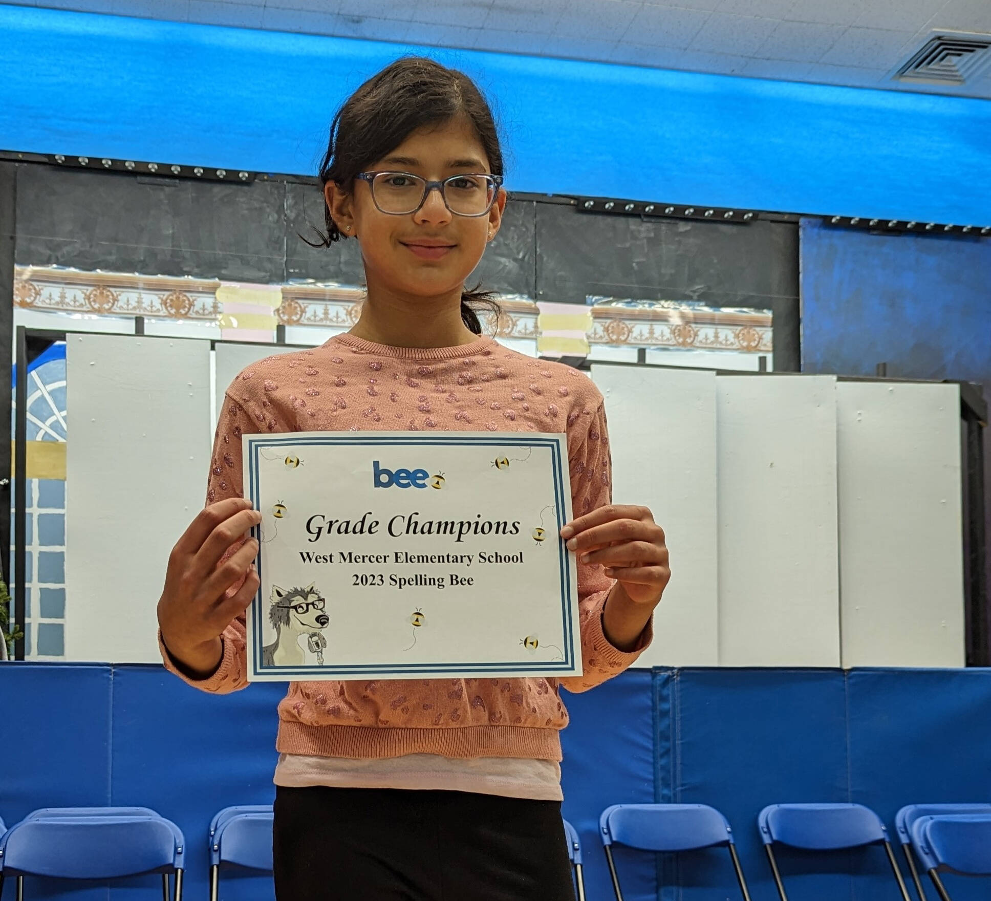 West Mercer Elementary fifth-grader Neeva Mody won the schools spelling bee with the victorious word splendid on Jan. 27 in the school auditorium. She notched a $25 gift card donated by Island Books, and advances to compete in the regional spelling bee on March 26 in Seattle. Runner-up was third-grader Evan Marshall. The bee, which was organized by parent Justin Deng, featured 30 children and had winners for each grade. The other grade winners are: kindergartners Artharv Choubey and Roshan Wishwas; first-grader Morgan Marshall; second-grader Jeet Mody; and fourth-grader Timo Kiriputt. Courtesy photo