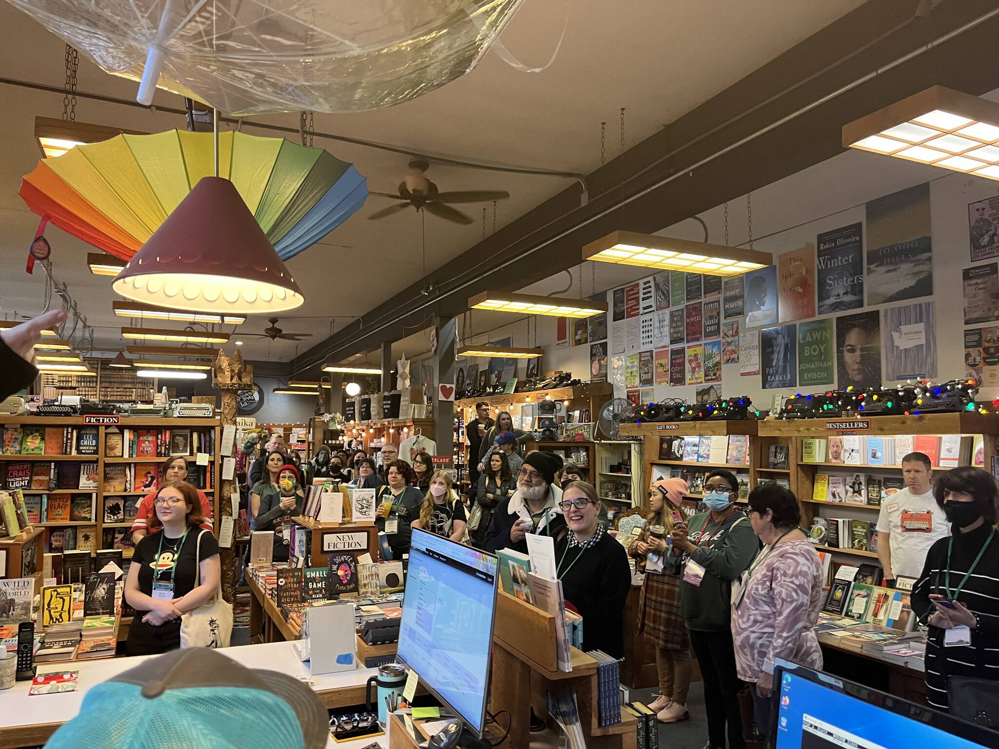 On the morning of Feb. 20, Island Books hosted 55 booksellers from around the United States who were attending the American Booksellers Association’s Winter Institute conference in Seattle. Island Books, which is heading into its 50th anniversary, was asked to be the first stop on the Eastside tour. Mayor Salim Nice, Deputy Mayor David Rosenbaum, councilmember Jake Jacobson and Jen Dean, executive director of the Mercer Island Chamber of Commerce, greeted the sellers during their 45-minute shopping visit. Courtesy photo