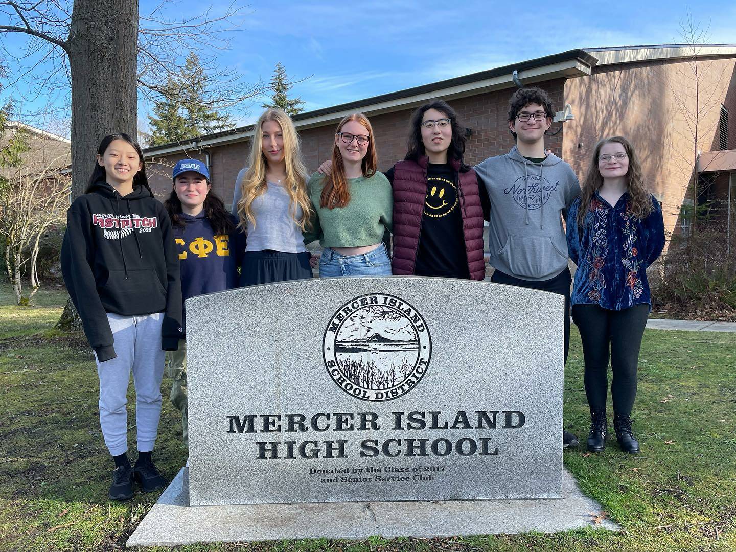 Mercer Island High School students, from left to right, Tong Lin, Samara Bluming, Charlotte Wood, Rachel Senn, Eliot Geer, Miles Silverman and Emily Horton King have been named 2023 National Merit finalists. In other school news, Islander Middle School seventh-graders in Patri Collins’ social studies class recently facilitated the collection of $919 from their fellow classmates for the Red Cross for Turkey-Syria Earthquake Relief. Collins dropped off the relief to Emily Kohler at the Northwest Region Red Cross. Photo courtesy of the Mercer Island School District