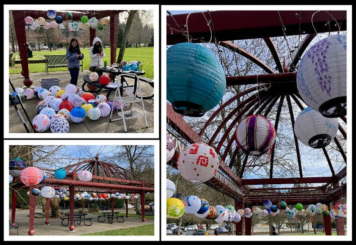 Volunteers installed community created lanterns at Mercerdale Park on Feb. 25. The city moved the display of nylon, solar-powered lanterns from the Greta Hackett Outdoor Sculpture Gallery to Mercerdale due to the construction happening on 77th Avenue Southeast and Sunset Highway. Community members can still return their lanterns to the community center through the end of March to be included in the exhibit. If residents have questions about the exhibit or are inspired to participate, they can contact Sarah Bluvas via e-mail at sarah.bluvas@mercerisland.gov. Photos courtesy of the city of Mercer Island