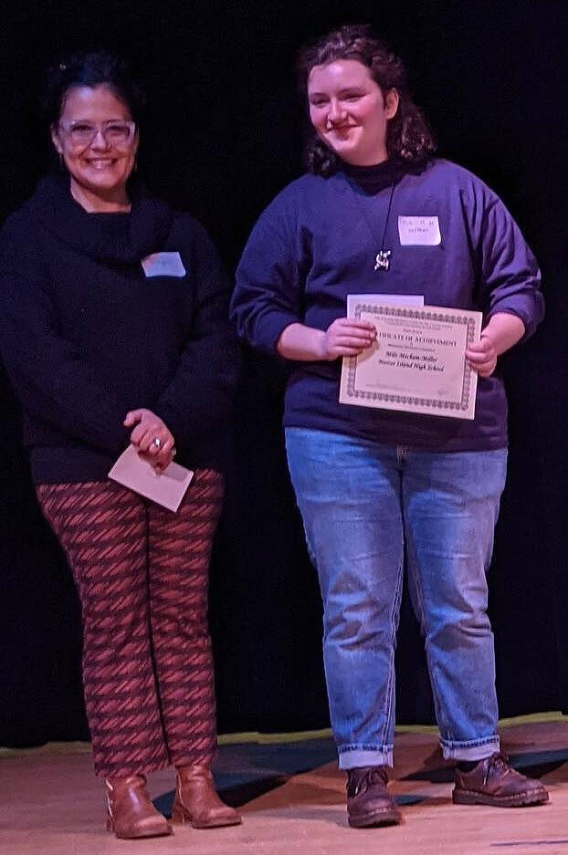 Mercer Island High School (MIHS) senior Milo Mechem-Miller (right) won the recent Seattle Shakespeare competition, which featured students performing a monologue and sonnet from Shakespeare’s canon. Mechem-Miller advances to the national competition in New York. MIHS senior Christopher Burnside also delivered a stellar performance at the event. Locally, both students won the recent MIHS Drama Shakespeare Competition. Also pictured is MIHS drama teacher Daniela Melgar. Photo courtesy of the Mercer Island School District