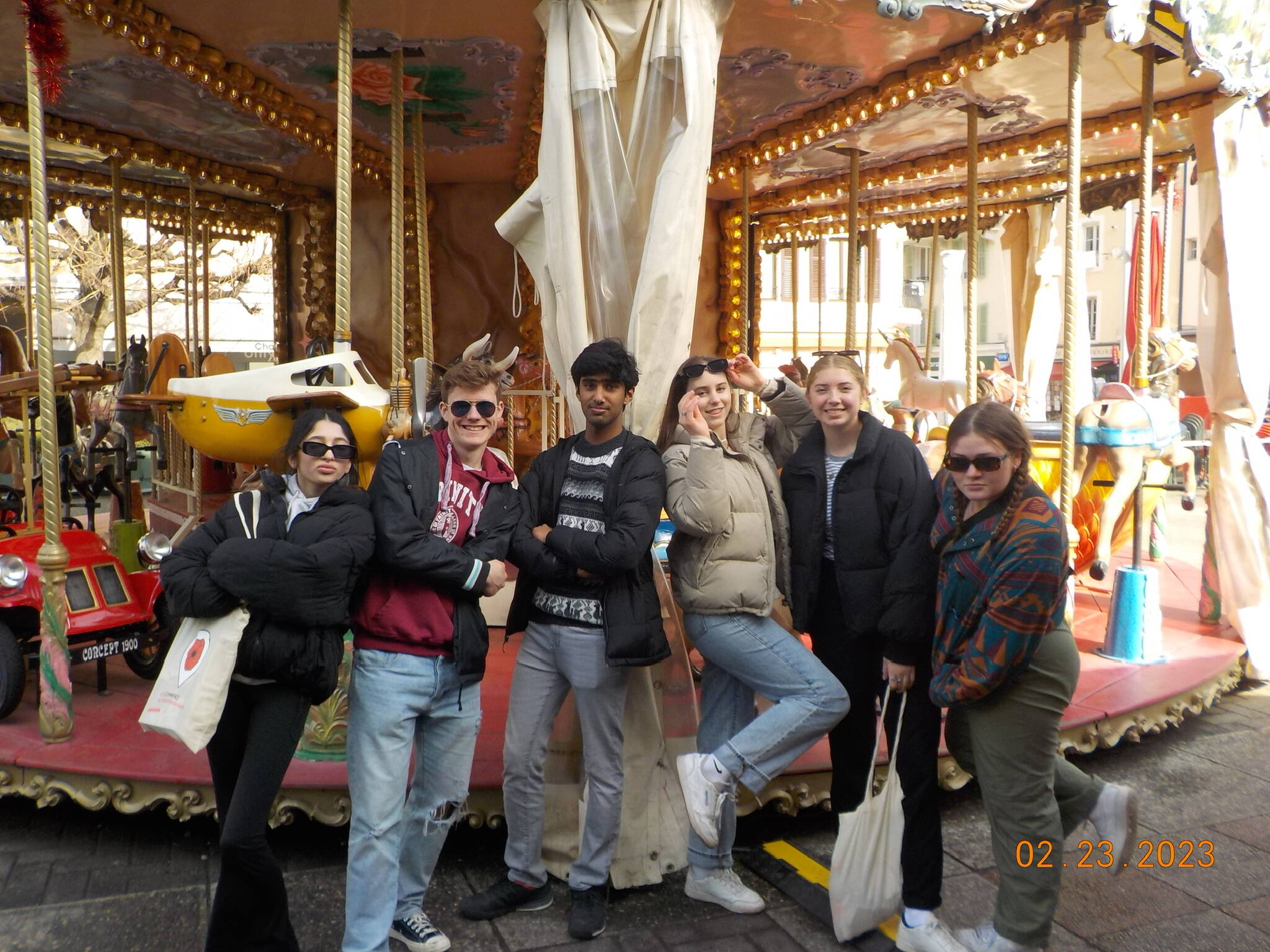 Mercer Island High School students, from left to right, Jade Lathieyre, Finn Hensey, Sidh Shroff, Sophie Cartwright, Amelie Schmid and Elise McDonald, gather during an outing on their recent trip to Thonon-les-Bains, France. Photo courtesy of Sophie Cartwright