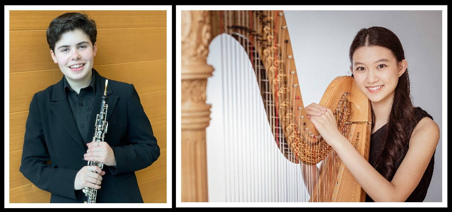 From left, Mercer Island High School junior musicians Elena Lill (oboe) and Ava Yeh (harp). Photos courtesy of the Mercer Island School District