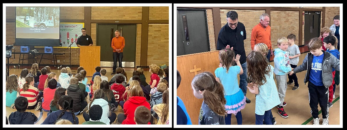 Mercer Island Mayor Salim Nice (left in both photos) and city councilmember Jake Jacobson discussed city operations with St. Monica School students during a civics event on Feb. 28. Courtesy photos