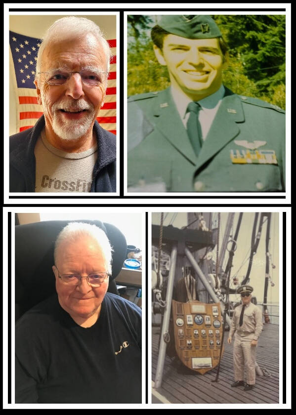 Mercer Island Vietnam veterans Bob Harper (top) and Mike Gazarek. In the right photos, Air Force member Harper is age 26 and Navy member Gazarek is about 24 or 25. Courtesy photos