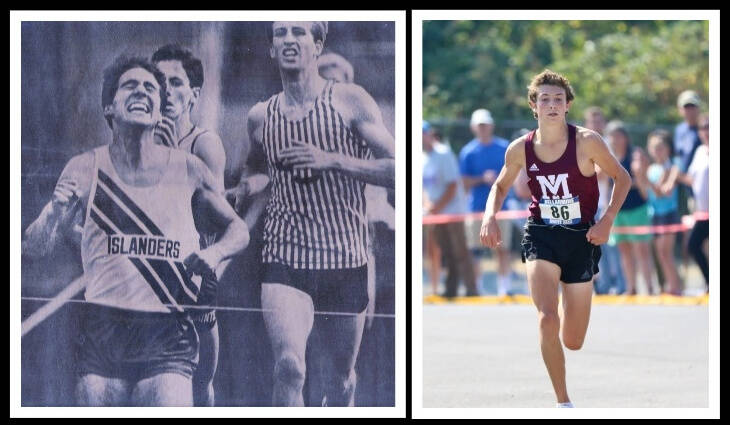 Mercer Island High School sophomore Owen Powell recently broke the school’s 37-year-old 3,200-meter record with a time of 9:11.09. Steffen Nelson set the previous record of 9:11.9 in 1986. Here, Nelson (left) is pictured winning the 1,600-meter run in 4:12.7 in 1986; he holds the school record with a mark of 4:11.2. Powell is pictured winning the two-mile Bellarmine Invite last September in 10:21.4. Nelson’s sister Missy holds the girls 1,600-meter record of 4:57. Courtesy photos