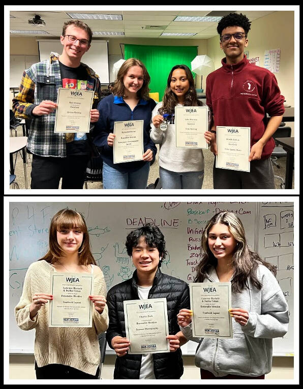 Top, Mercer Island High School (MIHS) Islander newspaper students pictured from left: Kyle Gerstel, Taylor Holshouser, Asha Woerner and Brooks Kahsai. Bottom, MIHS ISLA yearbook students pictured from left: Cameron Mastalir, Charlie Park and Dahlia Usman. Not pictured: Molly Rojas. Courtesy photos