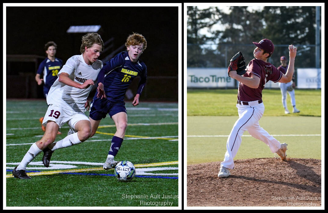 Pictured, at left, are Mercer Island High School’s Woody Brown (19) and Bellevue High School’s Will O’Hara (16) during the Islanders’ recent 5-1 boys soccer victory; and Islanders’ starting pitcher Jack Beebe during a recent 10-4 baseball win over Bellevue. Photos courtesy of Stephanie Ault Justus