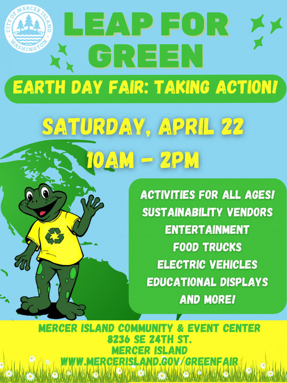 Leap for Green Earth Day Fair is 10 a.m. to 2 p.m. April 22 at the Mercer Island Community and Event Center. (Courtesy image)