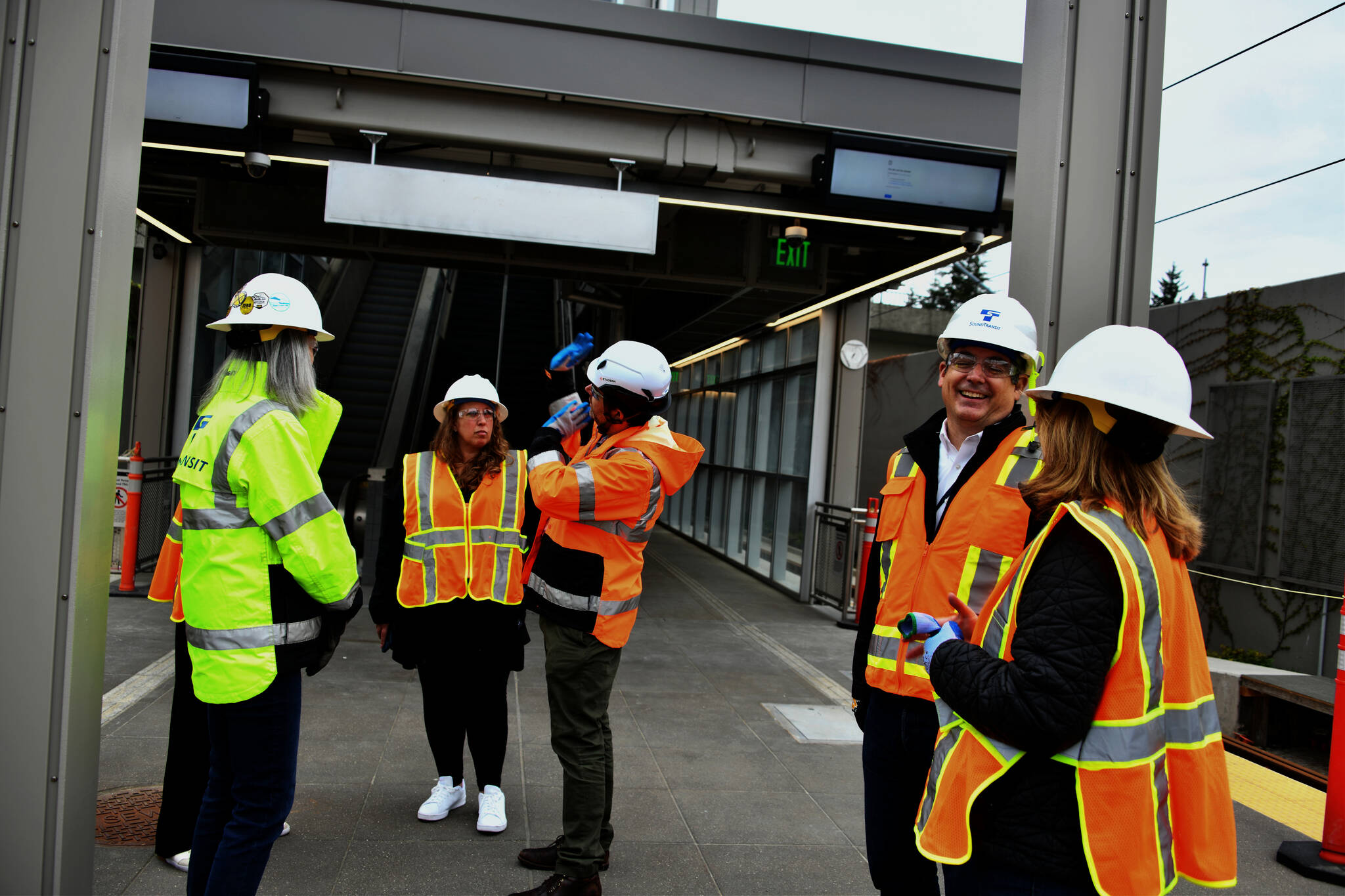 From left to right on a May 1 tour of the Mercer Island Station of the East Link Extension Project: Liz Kane, Sound Transit construction engineer; Jen Dean, Mercer Island Chamber of Commerce executive director; Andrew Austin, Sound Transit acting deputy executive director of government and community relations; Jon Lebo, Sound Transit executive project director of the East Link project; and Wendy Weiker, Mercer Island City Councilmember. Also on the tour were Sarah Bluvas, the city’s Capital Improvement Program project manager; and Rachelle Cunningham, Sound Transit public information officer. Andy Nystrom/ staff photo