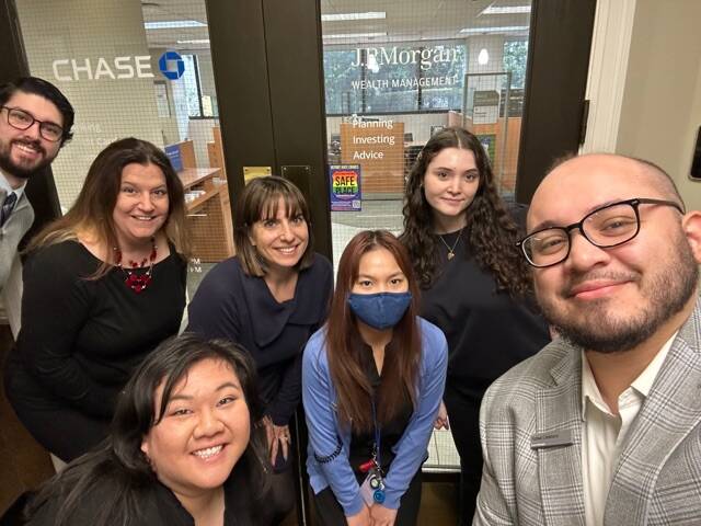 Mercer Island Chase bank employees from left to right: Brian Miret, Leesa Kofmehl, Elena Alhadeff, Marissa Drulias, Teenie Vu, Tiffany Law and branch manager Rafael Calletano. Courtesy photo