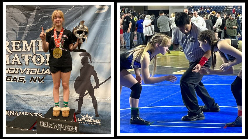 Left, Emerson Woods stands atop the podium at the Supreme Gladiator National Duals Tournament in Las Vegas, Nevada, on May 14. Right, Emerson (left) wrestles at the Washington State Folkstyle Tournament on Feb. 19 at the Tacoma Dome. Courtesy photos