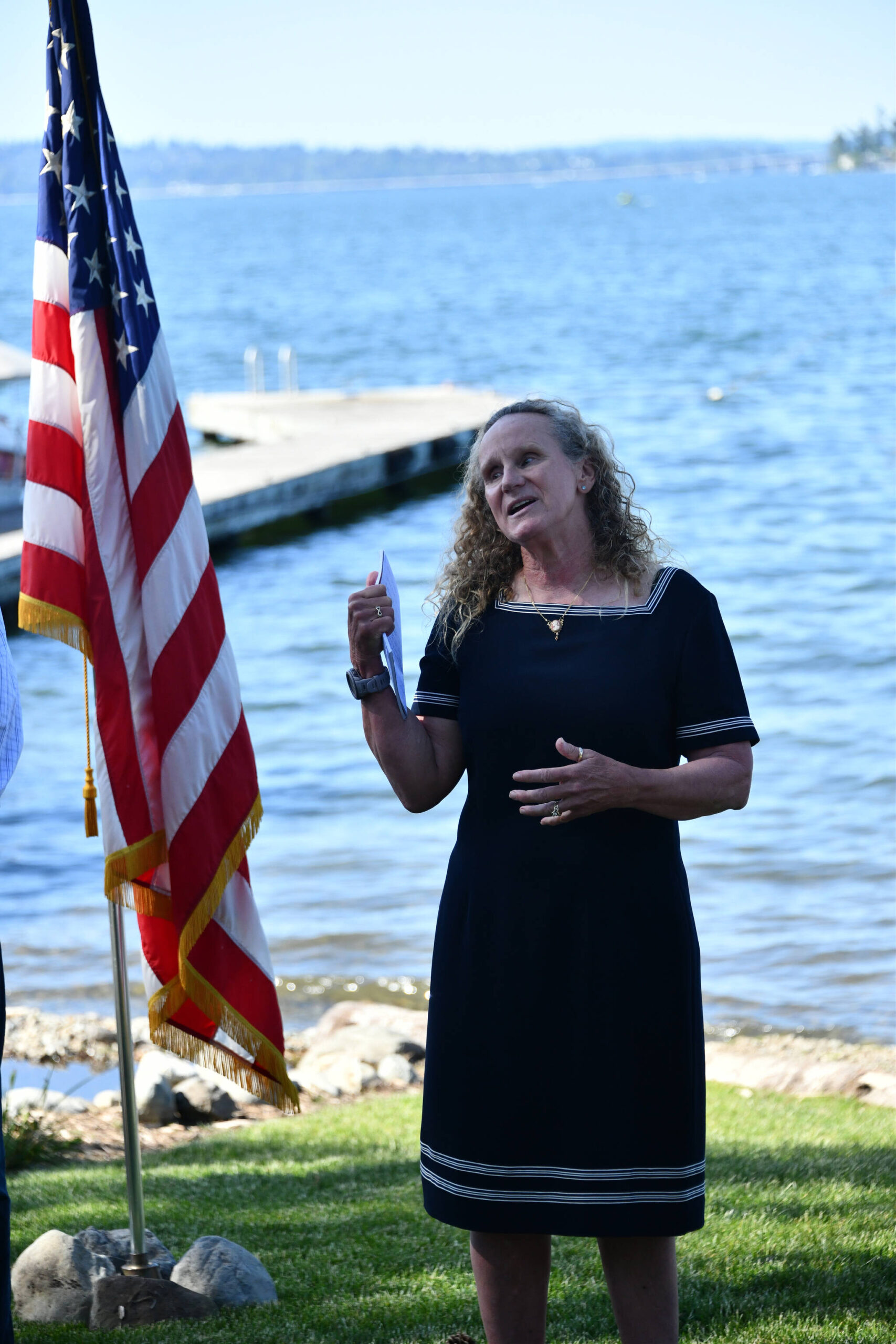 Erin E. Riley Borden passionately speaks about her father, Huston “Hu” Riley — a lifelong Island resident and U.S. Army veteran in the 1st Infantry Division — during a Riley Cove dedication ceremony on June 6 at Lincoln Landing. Andy Nystrom/ staff photo