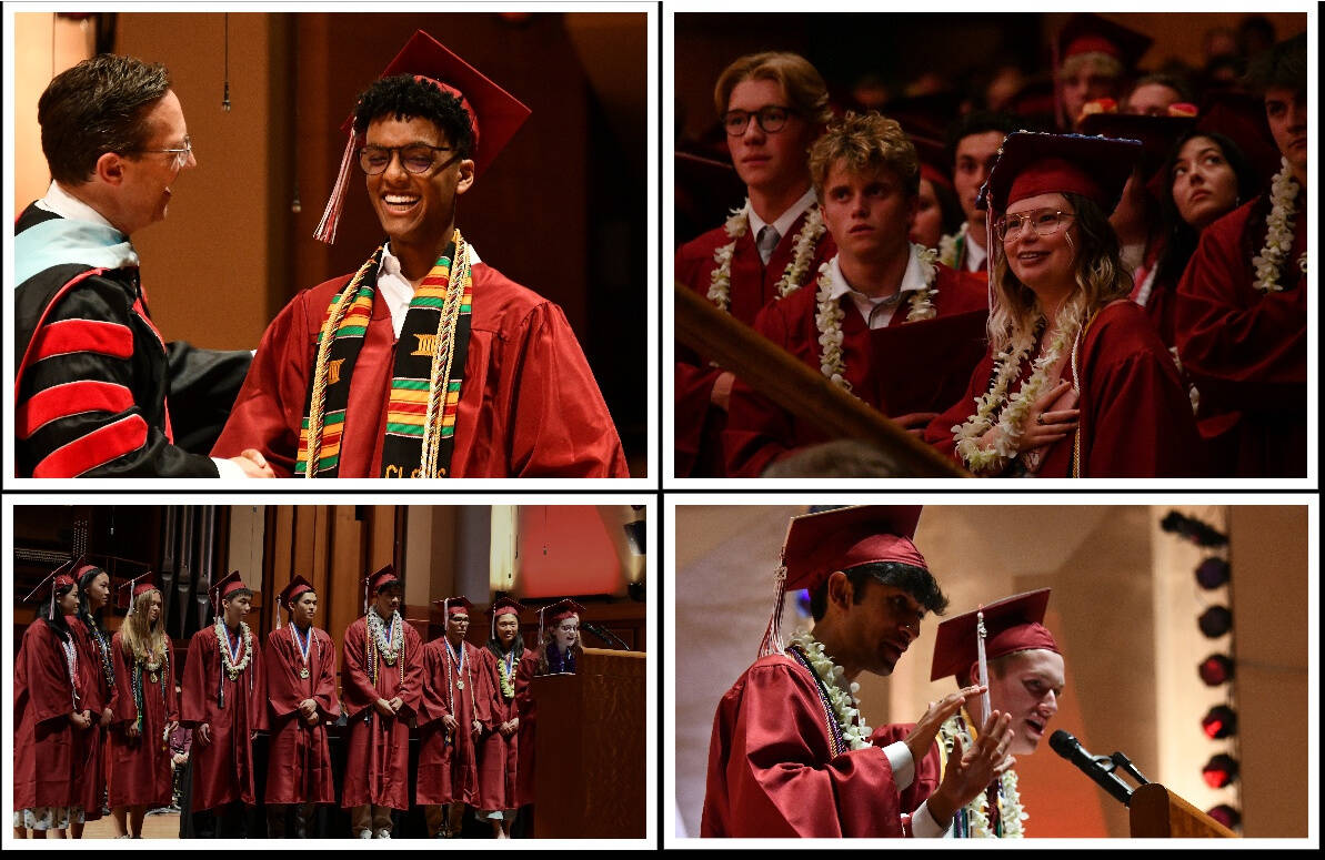 Clockwise from top left, Mercer Island School District Superintendent Dr. Fred Rundle with Brooks Kahsai; graduates standing for the National Anthem; senior speakers Mustafa Agha and Andrew Howison; and valedictorians Gillian Fang, Olivia Guo, Perry Holtzclaw, Emily Horton King, Garrett Lee, Carson Schiller, Rachel Senn, Anna Xie, Alan Ying and Ryan Hsi. Andy Nystrom/ staff photos