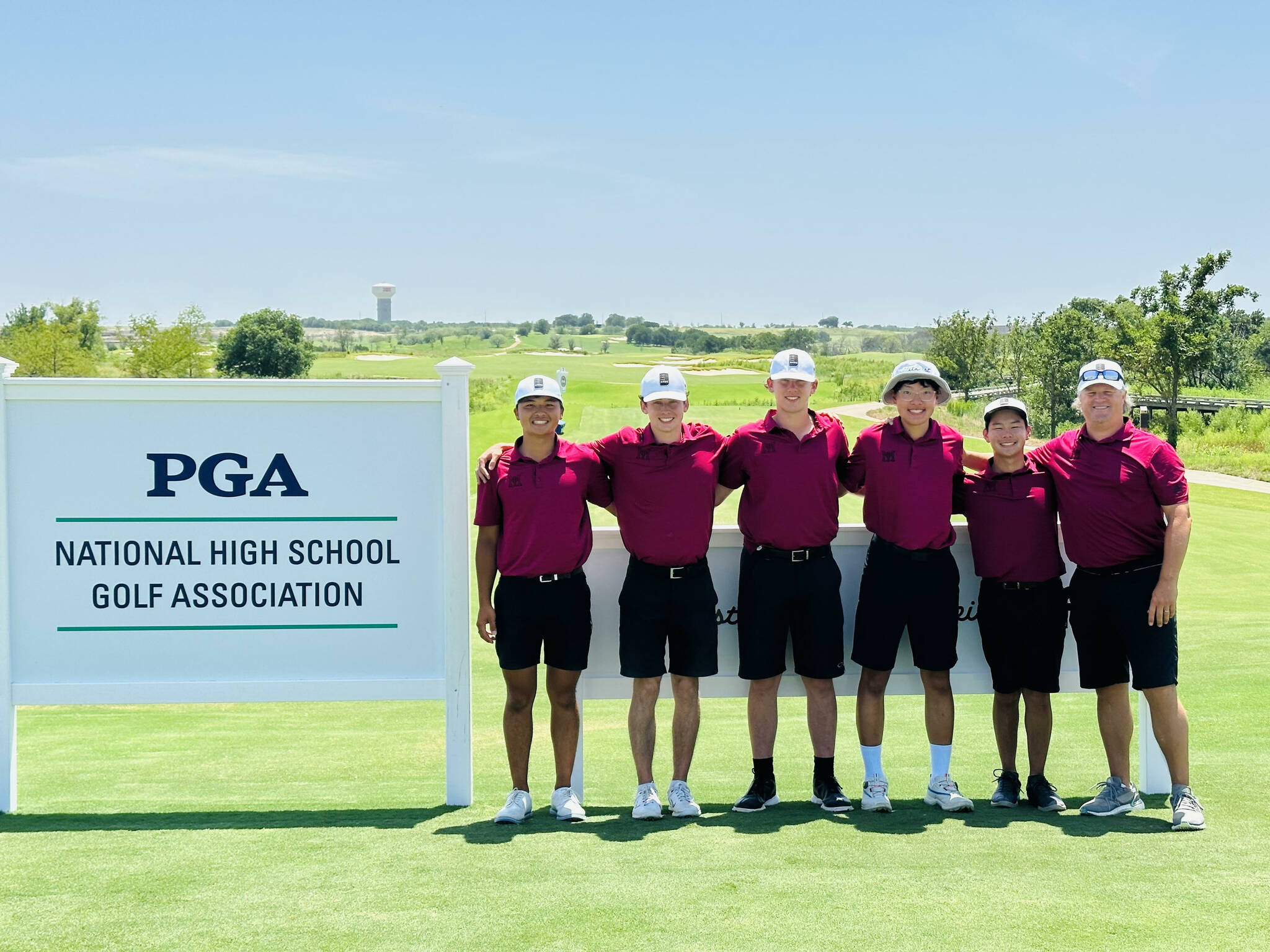 From left to right, Mercer Island High School golfers Elliott Hoang, Spencer Smith, Evan Otte, James Wooje Chung and Wonjoon Seo with coach and adviser Tyson Peters at the 2023 PGA Boys High School Golf National Invitational in Frisco, Texas, in July. Photo courtesy of Jeff Otte