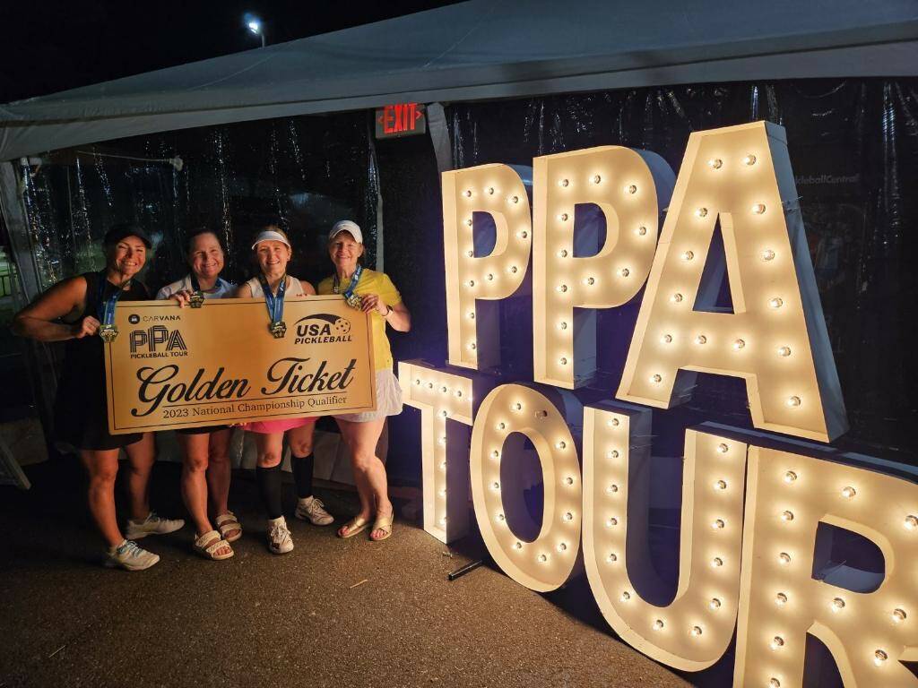 From left to right, Mercer Island doubles partners Jacquie Hartmann/Kim Thunen and Kristen Glant/Diane Tien each won gold in their amateur divisions at the recent Professional Pickleball Association Seattle Open. Photo courtesy of Mike Hartmann