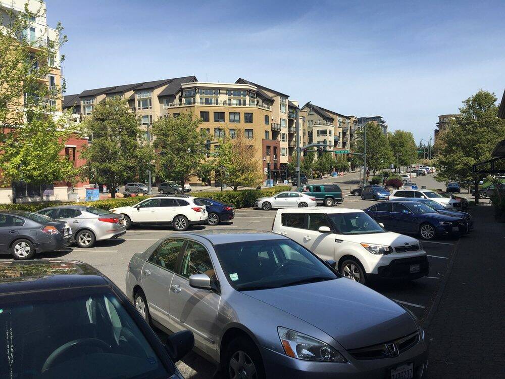 A bevy of cars are parked in Tabit Village Square in Mercer Island’s Town Center. Photo courtesy of the city of Mercer Island