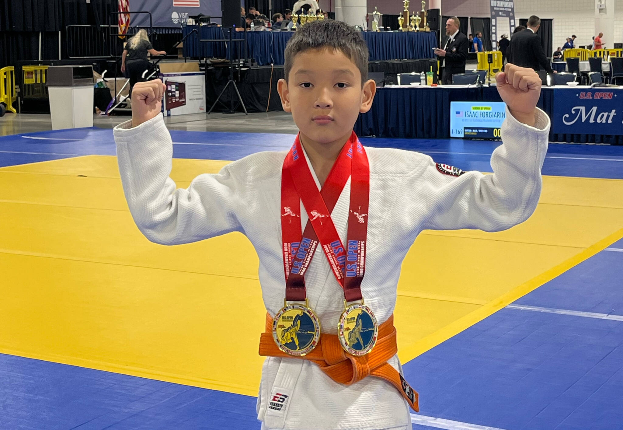 Mikhail Zulaev, a Mercer Island School District student, snagged a pair of judo gold medals at the US Open Judo Championships from July 28-30 in Fort Lauderdale, Florida. He won awards in Bantam 4 under 30 kg (boys born in 2015) and Bantam 5 to 29 kg (boys born in 2014). Courtesy photo