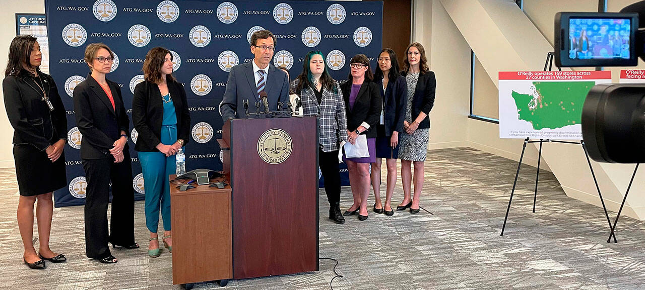State Attorney General Bob Ferguson at a press conference Aug. 16 about a lawsuit his office filed against O’Reilly Auto Parts for alleged discrimination and retaliation against pregnant employees. The company denies the accusations. COURTESY PHOTO, State Attorney General’s Office