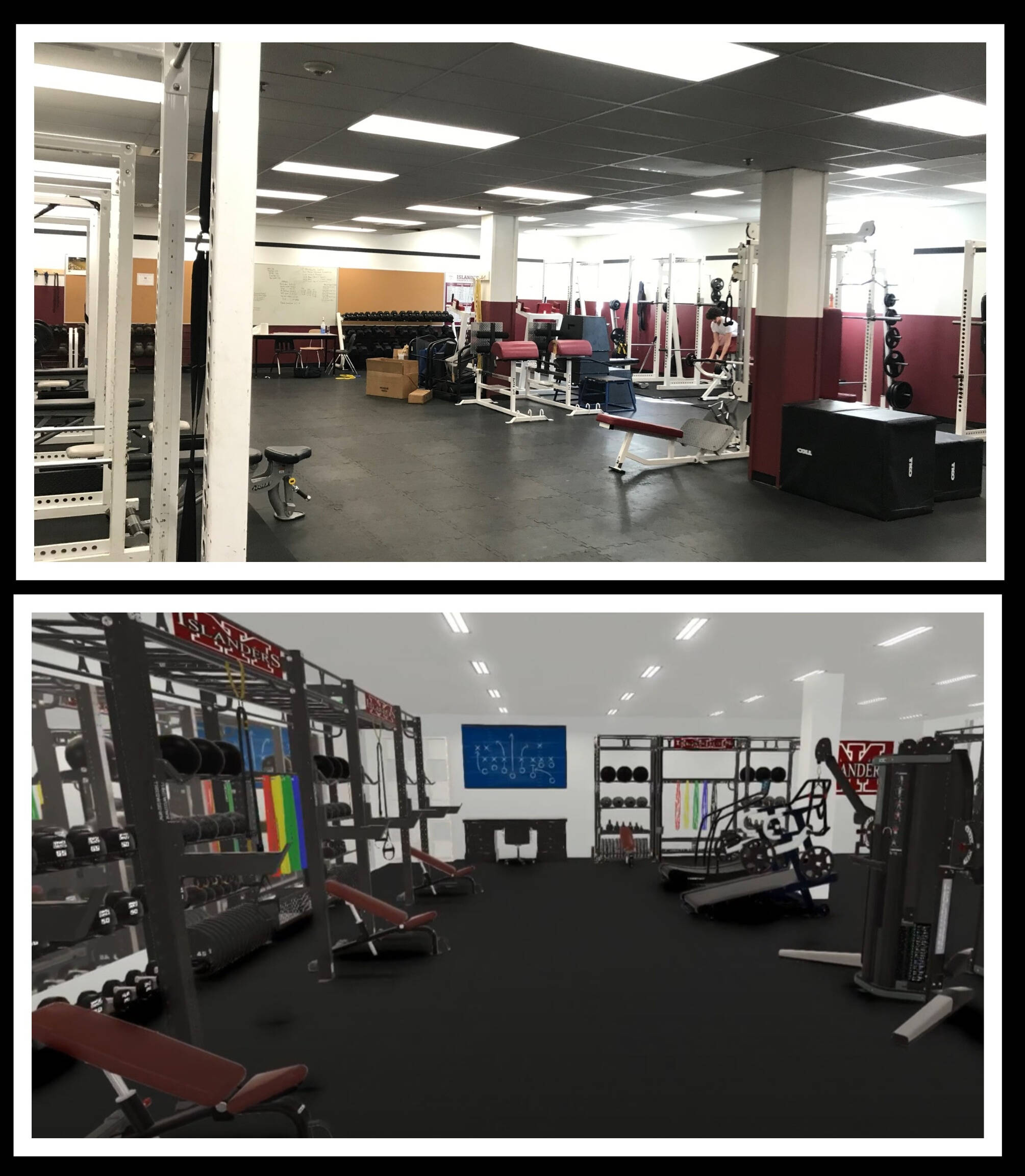 Pictured is the current Mercer Island High School weight room, above, and a rendering of the future space. Courtesy photos